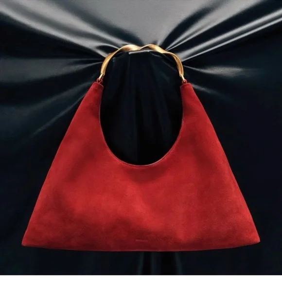 Red Suede Shoulder Bag with Sculpted Gold Handle - Picture 1 of 5